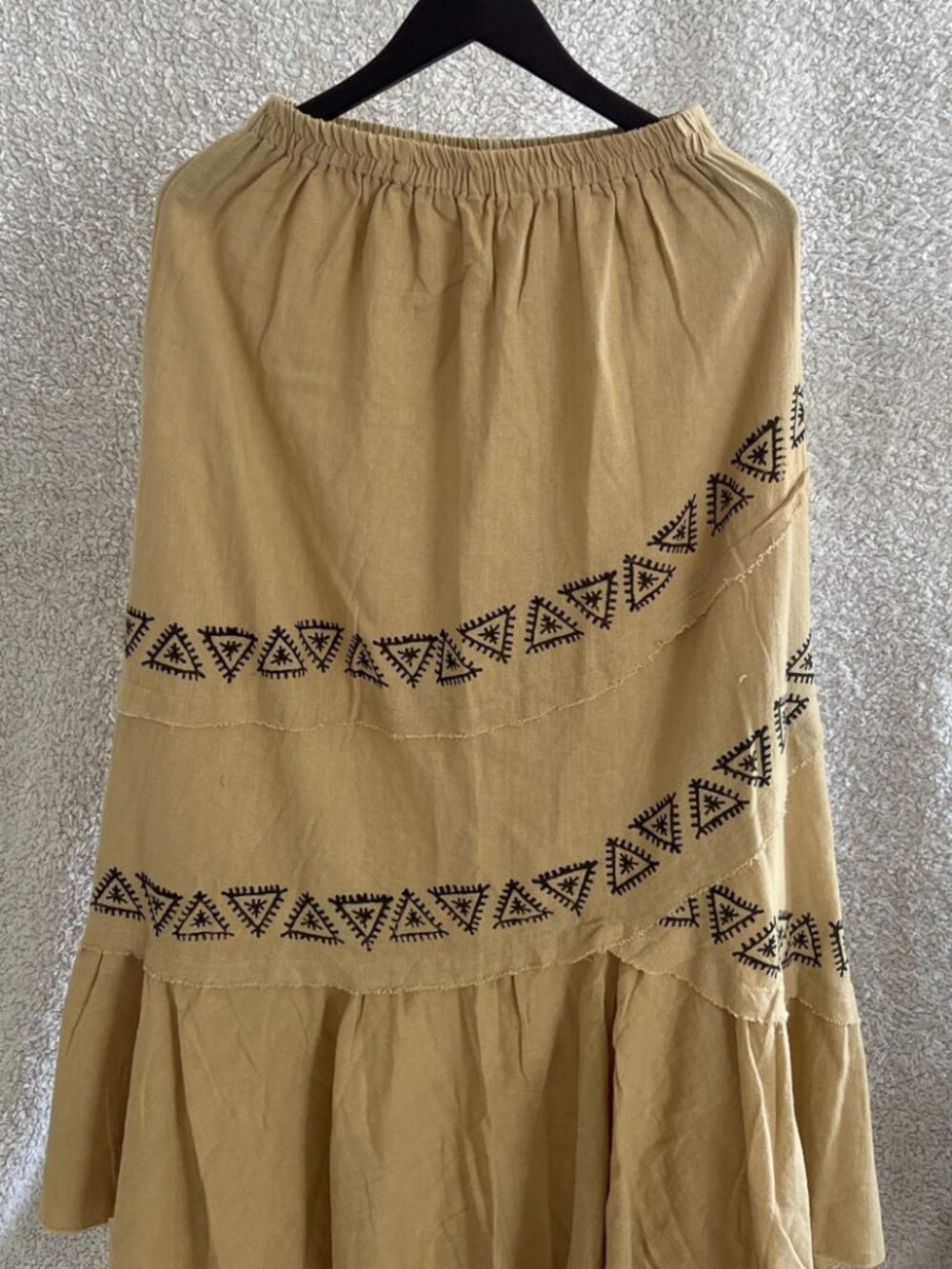 Thearah Beige Organic Cotton Block Print Maxi Skirt, Triangle Border